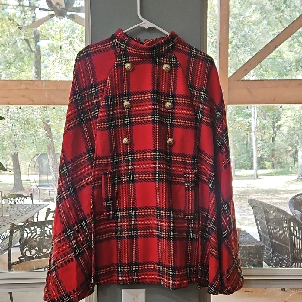 Red Plaid Double-Breasted Cape with Gold Buttons